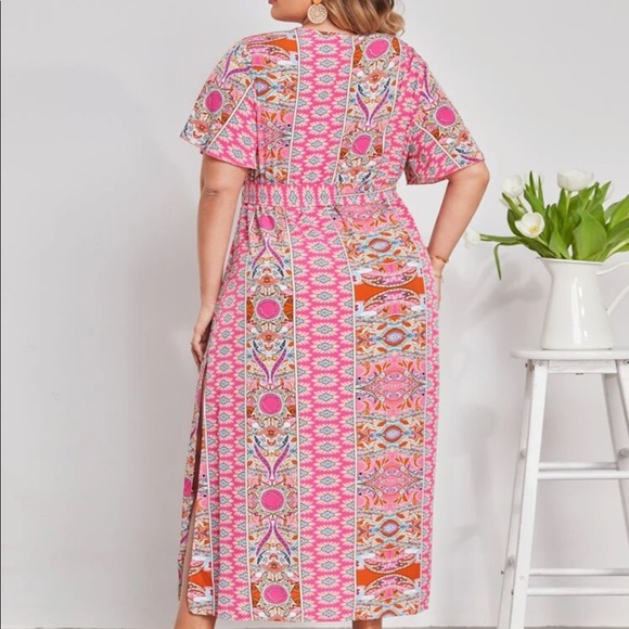 Boho Plus Size Tribal Floral Print Side Slit Belted Maxi Dress Green - Picture 3 of 8